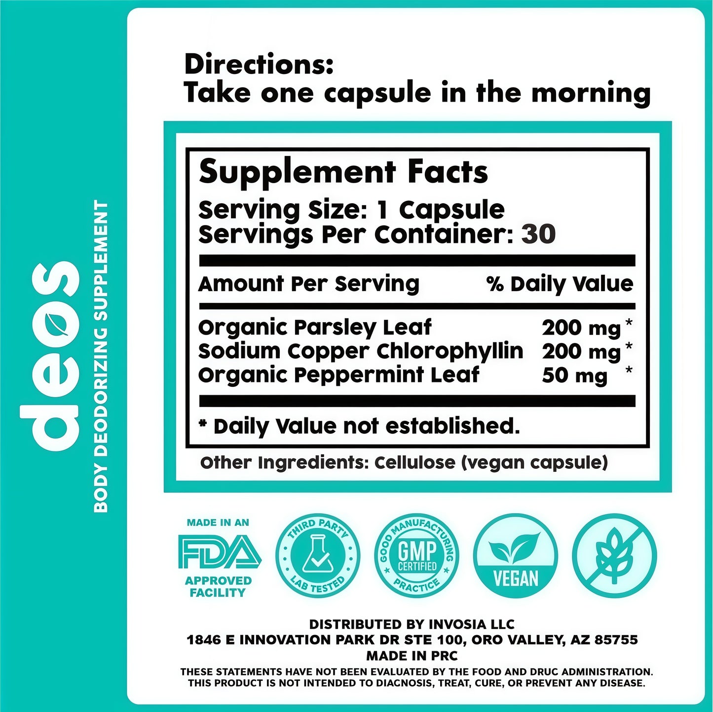 DEOS® Internal Deodorant Supplement [Natural Odor Control] – Full Body Deodorizing Capsules for Gut & Skin Health, Detox & Digestion Support - Scentless Chlorophyll, Mint & Parsley Pills (30 Pcs)